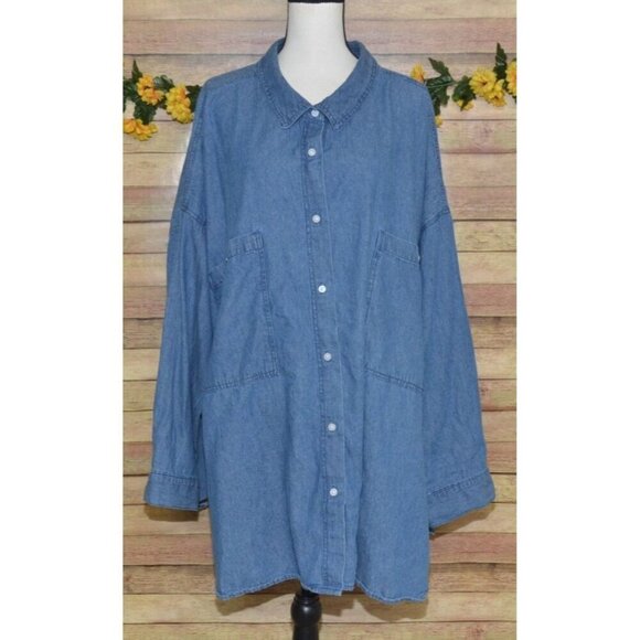 ELLOS Denim Tunic Top Oversized 3X 30/32 Button Front Shirt Side Slits Comfy - Picture 2 of 10